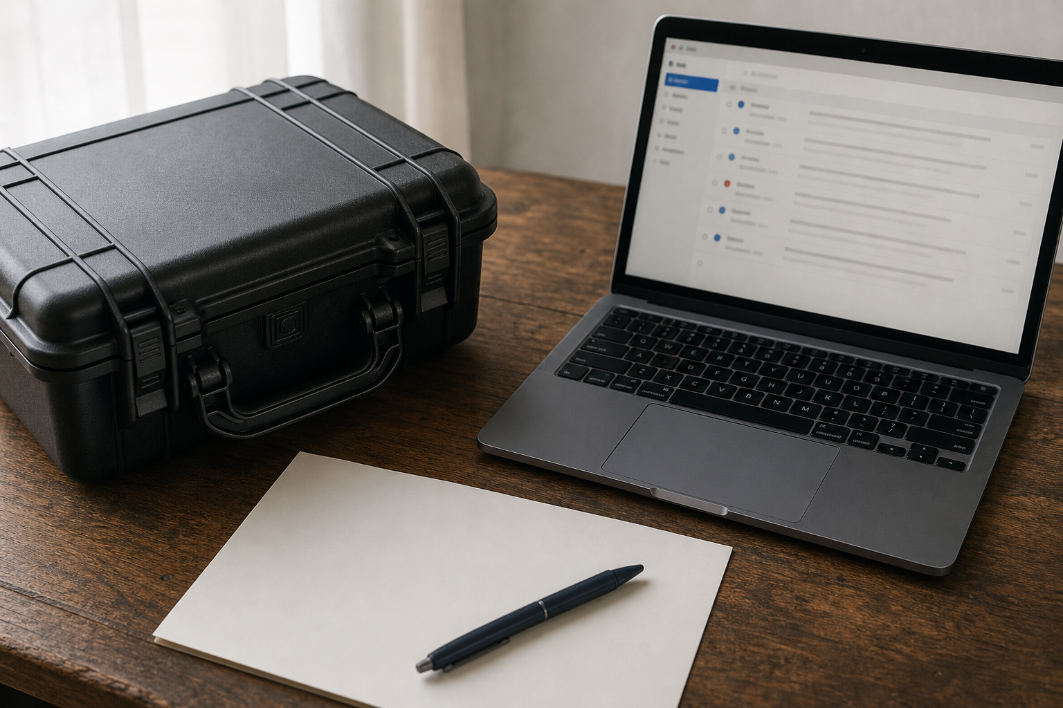 カメラ機材ケースとメール画面のノートPC、白紙とペンが置かれた机