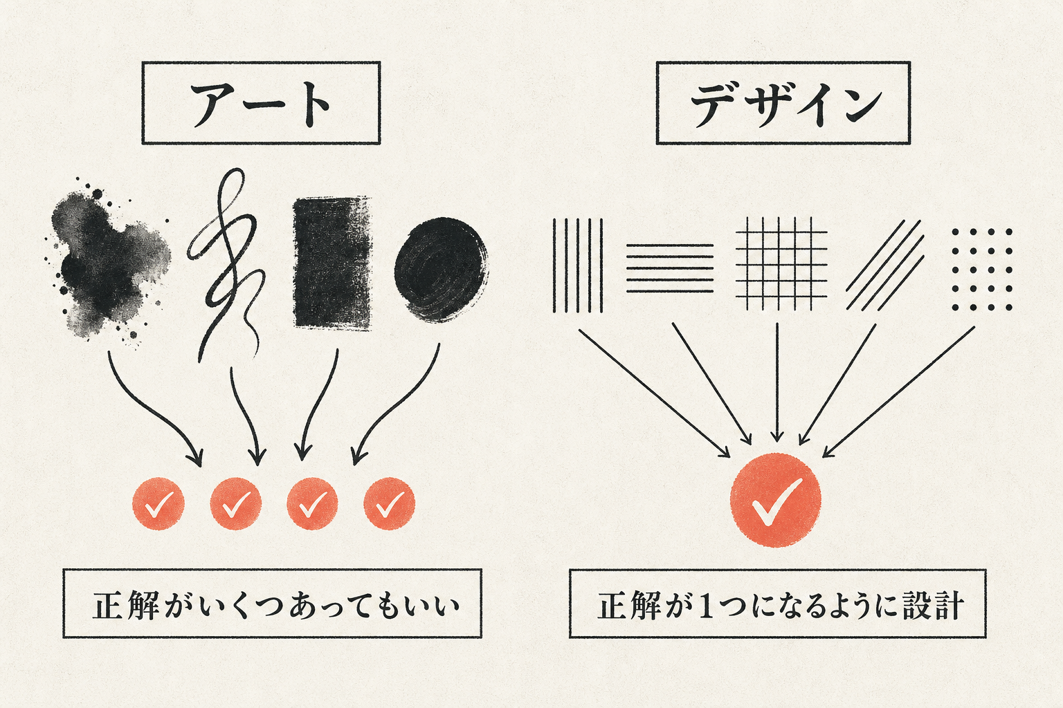 アートは複数の正解、デザインは1つの正解へ収束する比較図