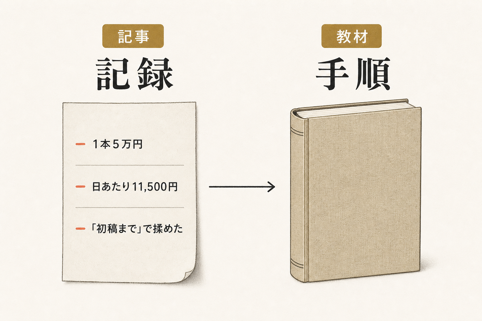 記事の記録を教材の手順へ直す違いを左右で示した図