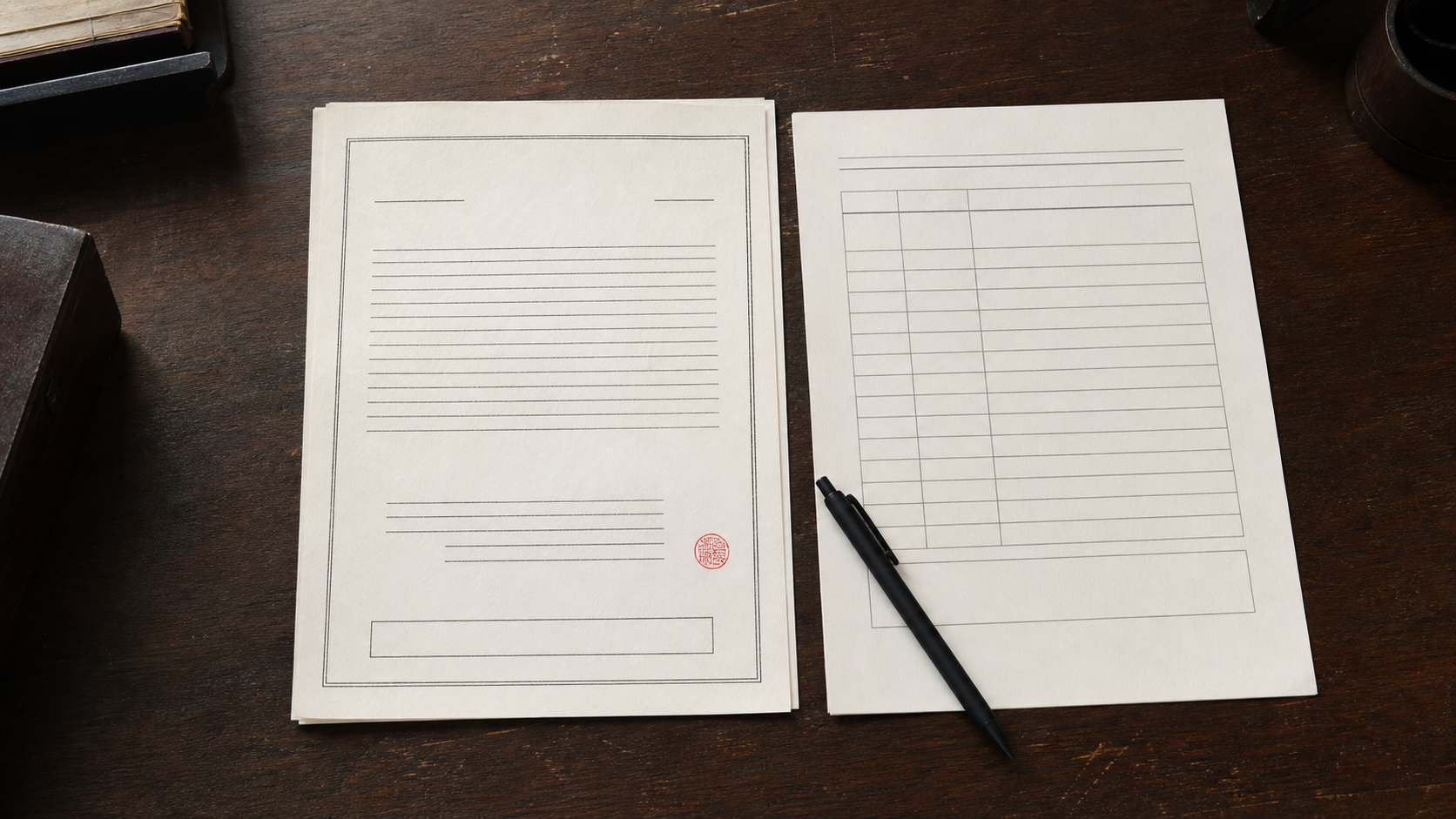 木の机に置かれた、赤い押印のある紙の契約書と仕様書